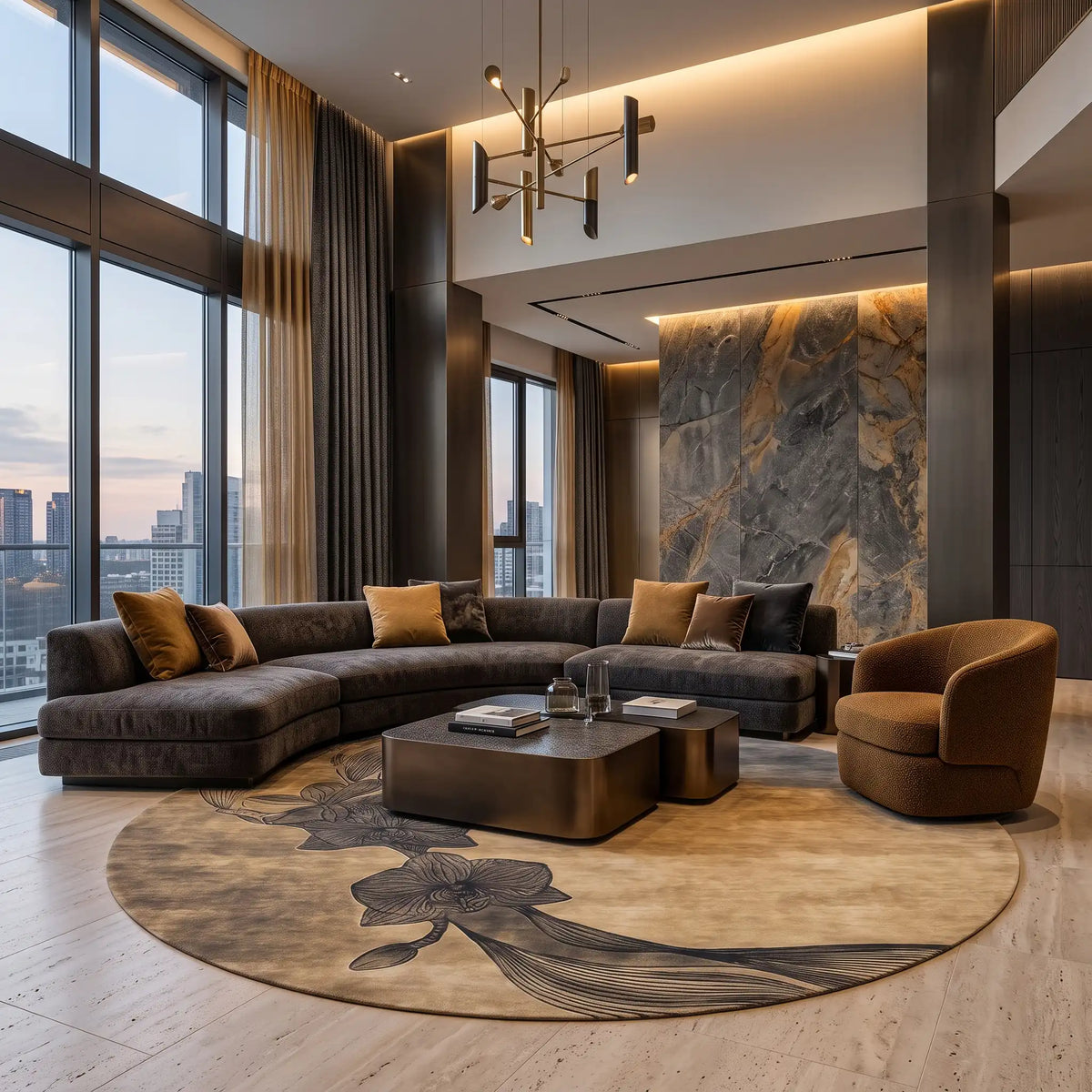 Orchid Moon hand-tufted rug in Golden Smoke – styled in a living room