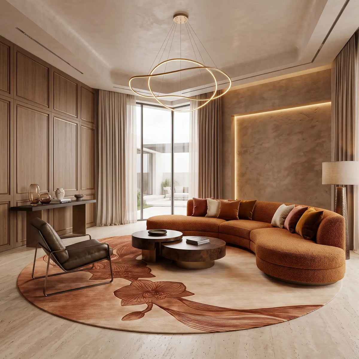 Orchid Moon hand-tufted rug in Copper Blush – styled in a living room