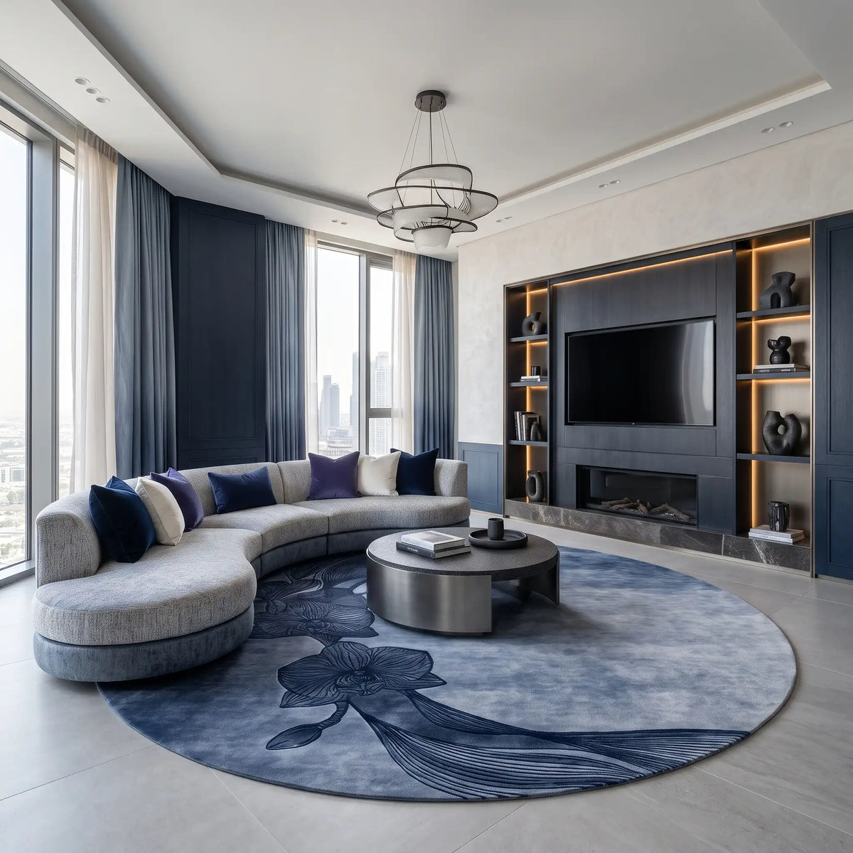 Orchid Moon hand-tufted rug in Midnight Blue – styled in a living room