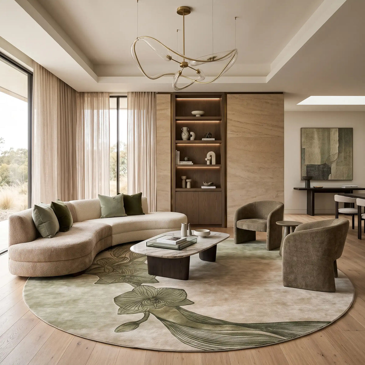 Orchid Moon hand-tufted rug in Sage Moss – styled in a living room