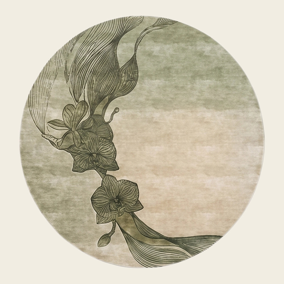 Orchid Moon hand-tufted rug in Sage Moss – flat lay