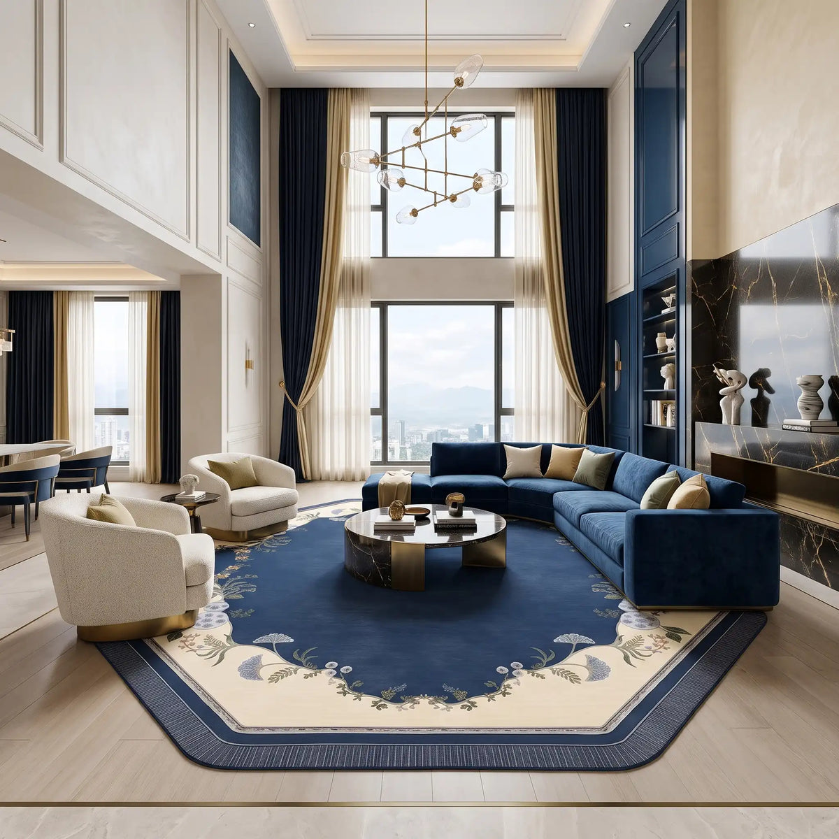 Heritage Garden hand-tufted rug in Navy Ivory – styled in a living room
