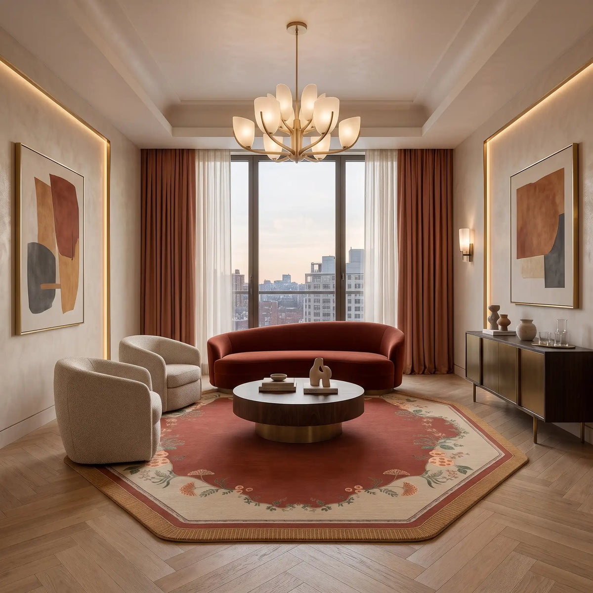 Heritage Garden hand-tufted rug in Terracotta Gold – styled in a living room