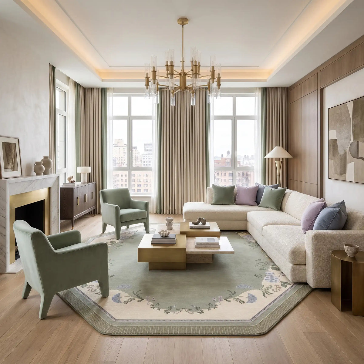 Heritage Garden hand-tufted rug in Sage Ivory – styled in a living room