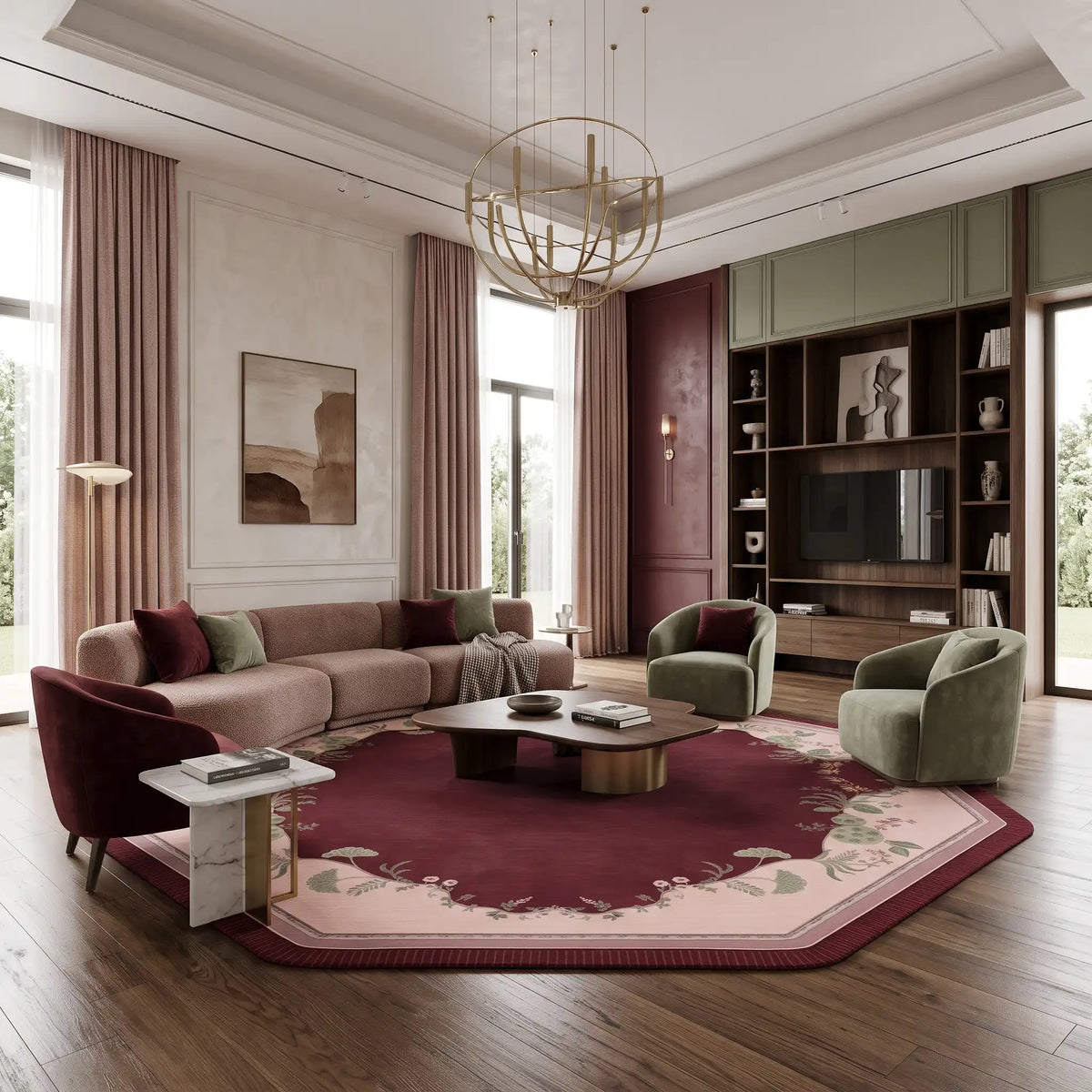 Heritage Garden hand-tufted rug in Burgundy Blush – styled in a living room