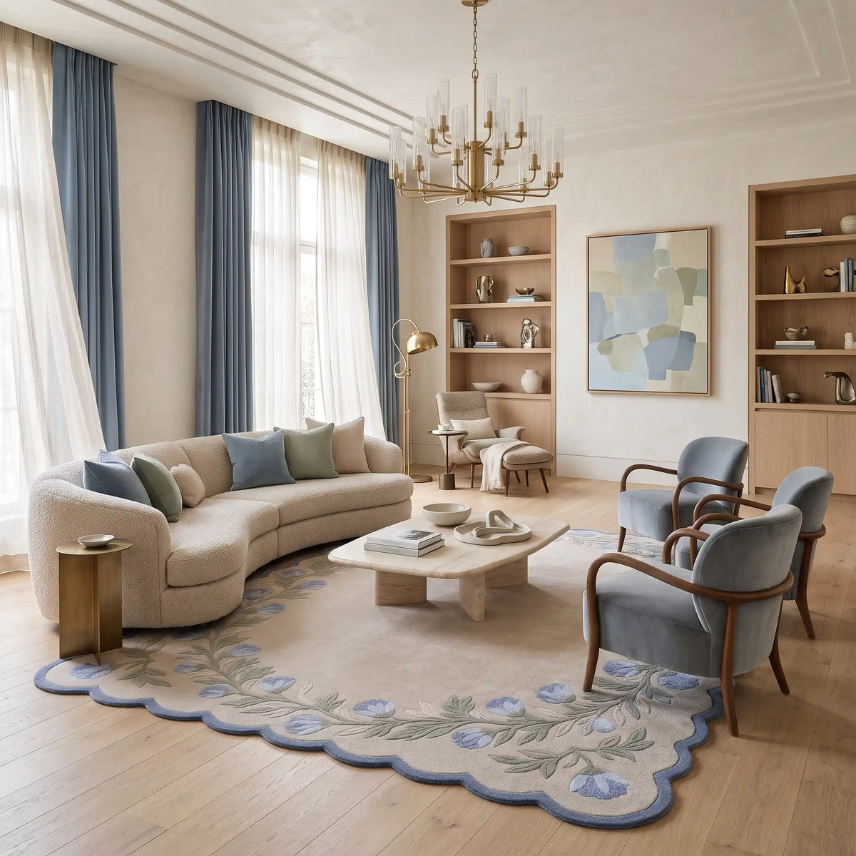 Petal Garland hand-tufted rug in Ivory Bluebell – styled in a living room