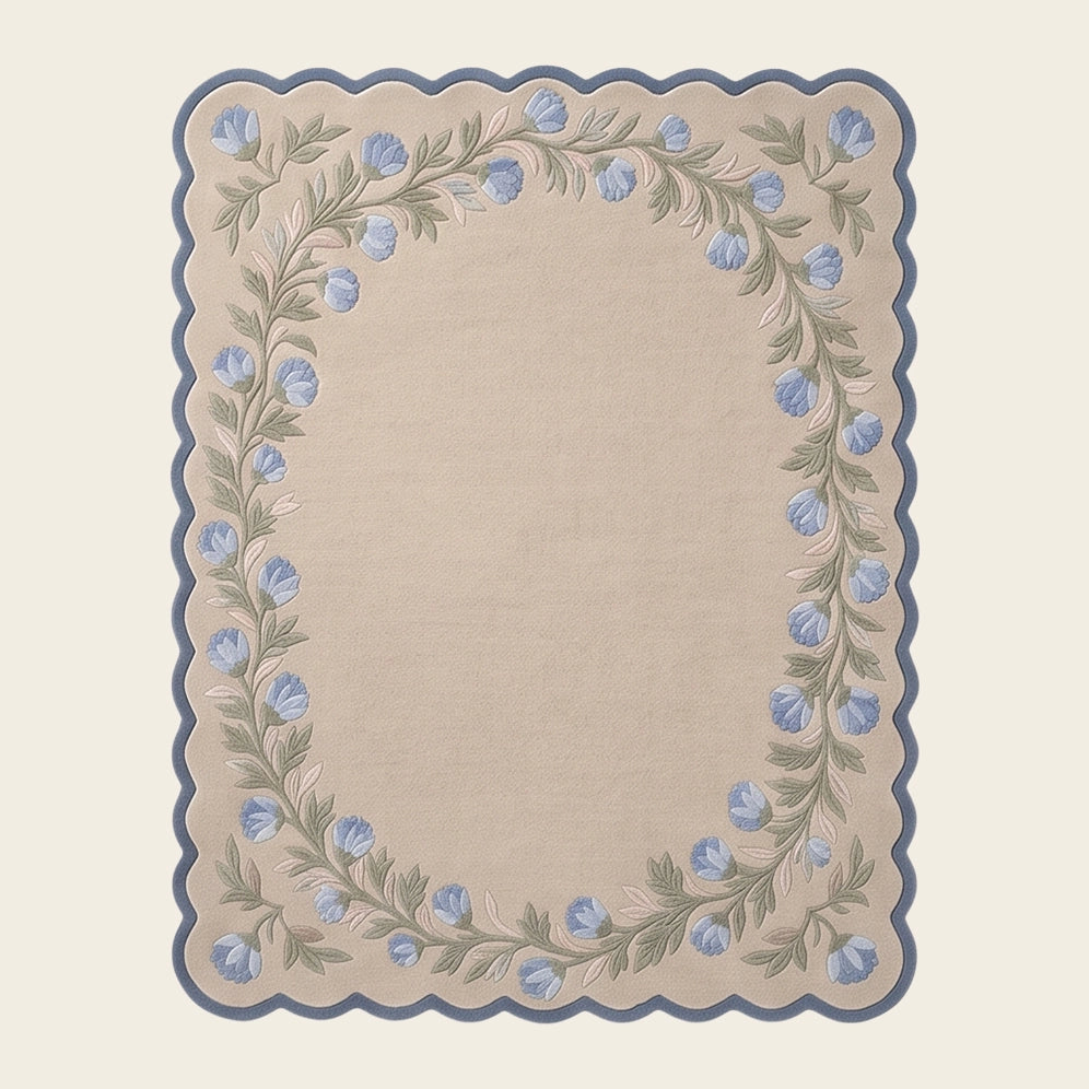 Petal Garland hand-tufted rug in Ivory Bluebell – flat lay