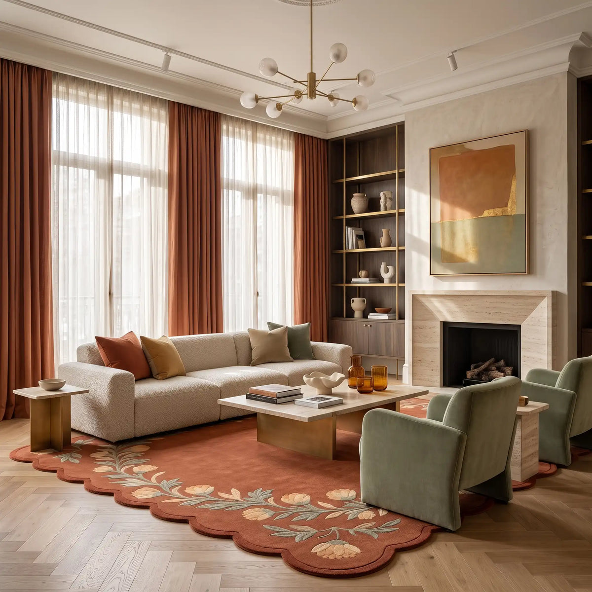 Petal Garland hand-tufted rug in Terracotta Apricot – styled in a living room