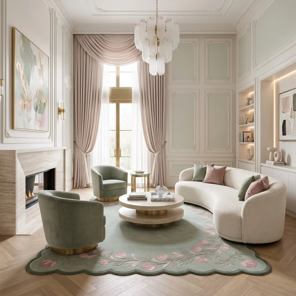 Petal Garland hand-tufted rug in Sage Rose – styled in a living room