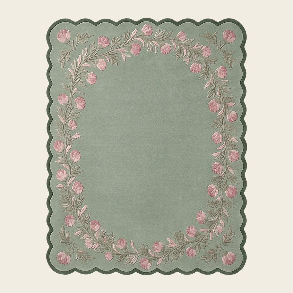 Petal Garland hand-tufted rug in Sage Rose – flat lay
