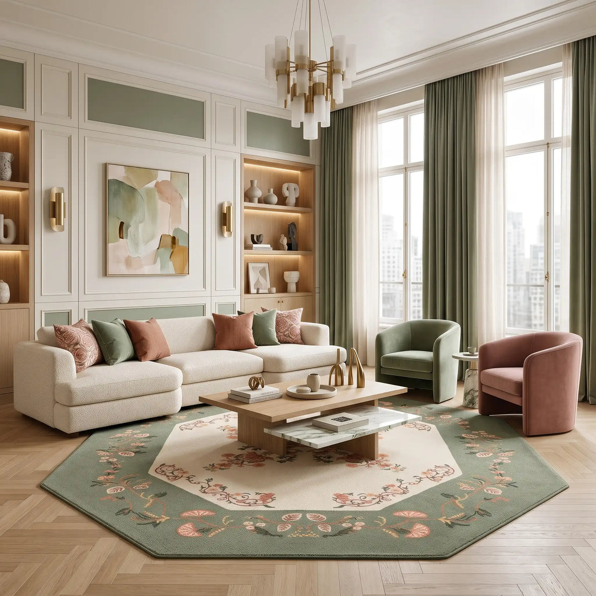 Palace Bloom hand-tufted rug in Sage Garden – styled in a living room