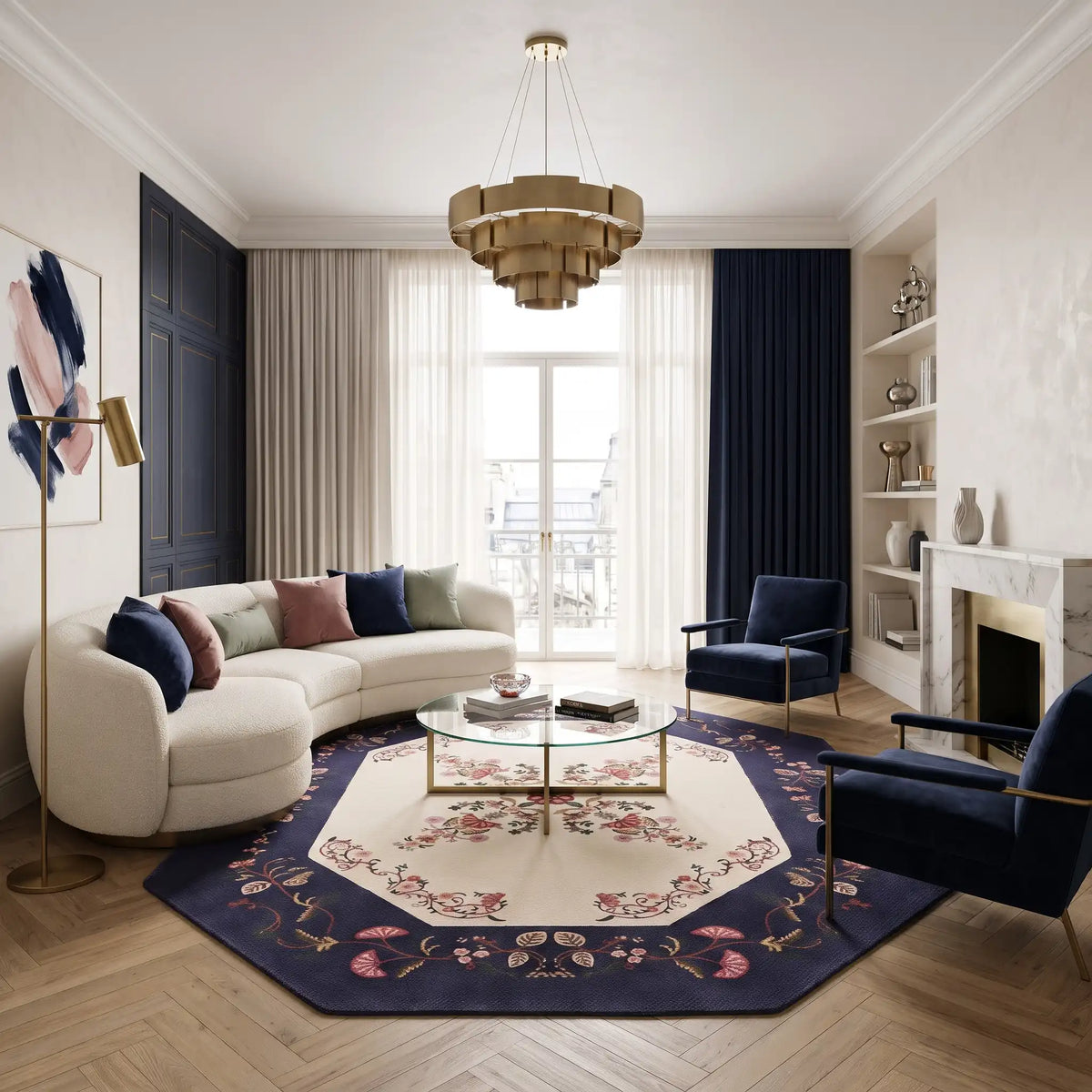 Palace Bloom hand-tufted rug in Midnight Navy – styled in a living room