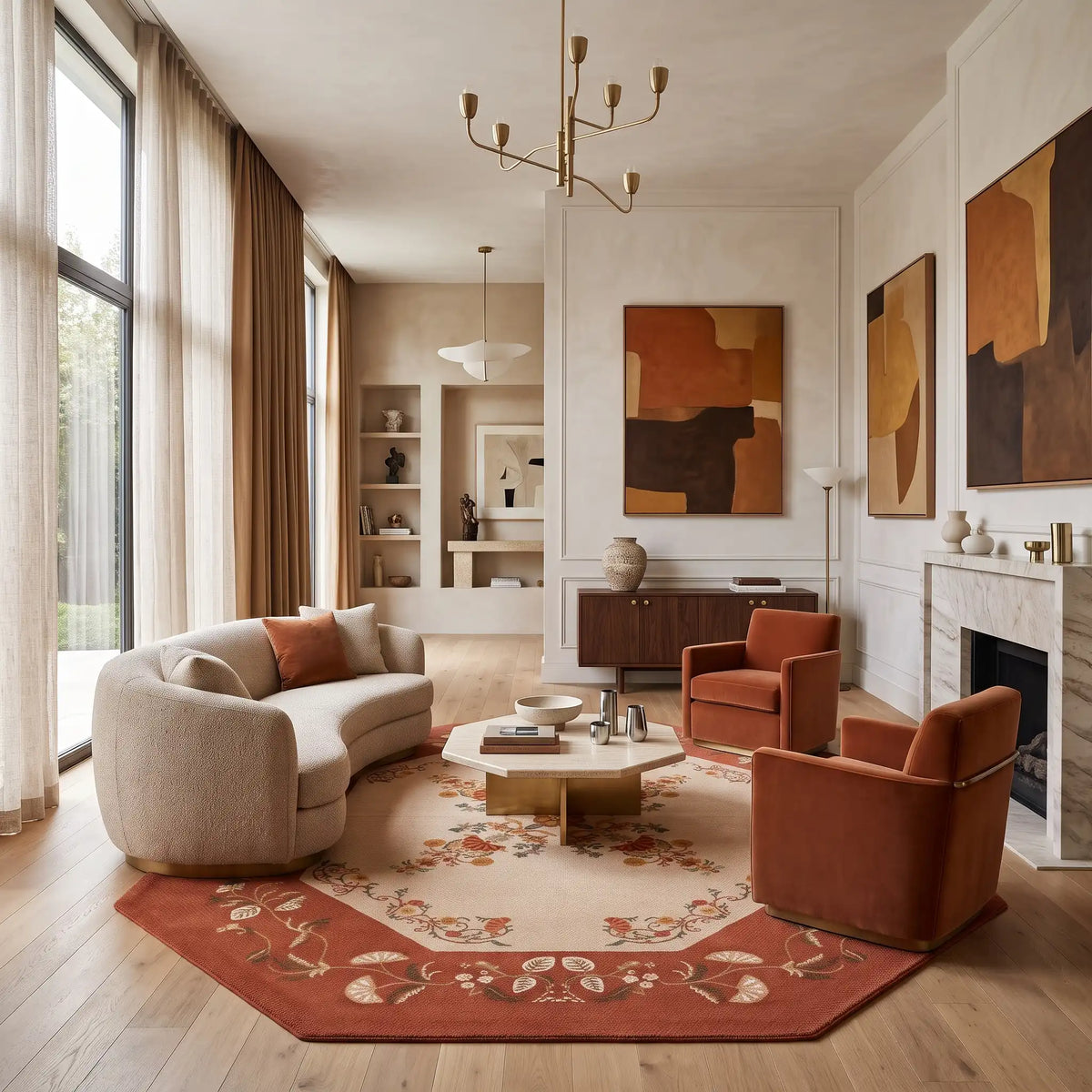 Palace Bloom hand-tufted rug in Terracotta Spice – styled in a living room