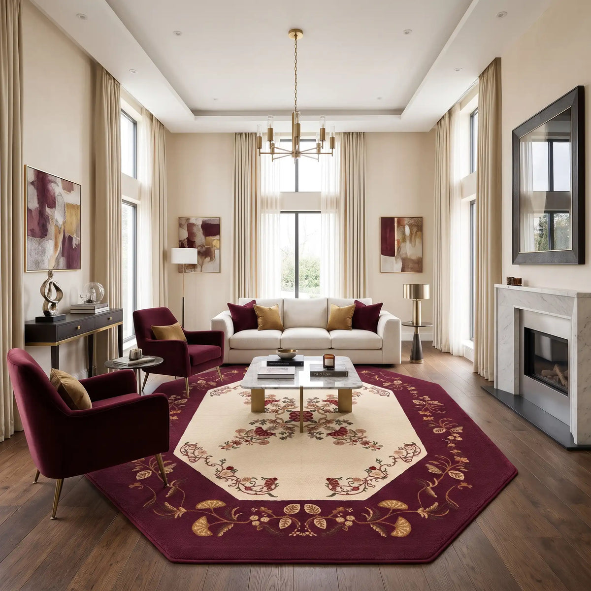 Palace Bloom hand-tufted rug in Burgundy Wine – styled in a living room