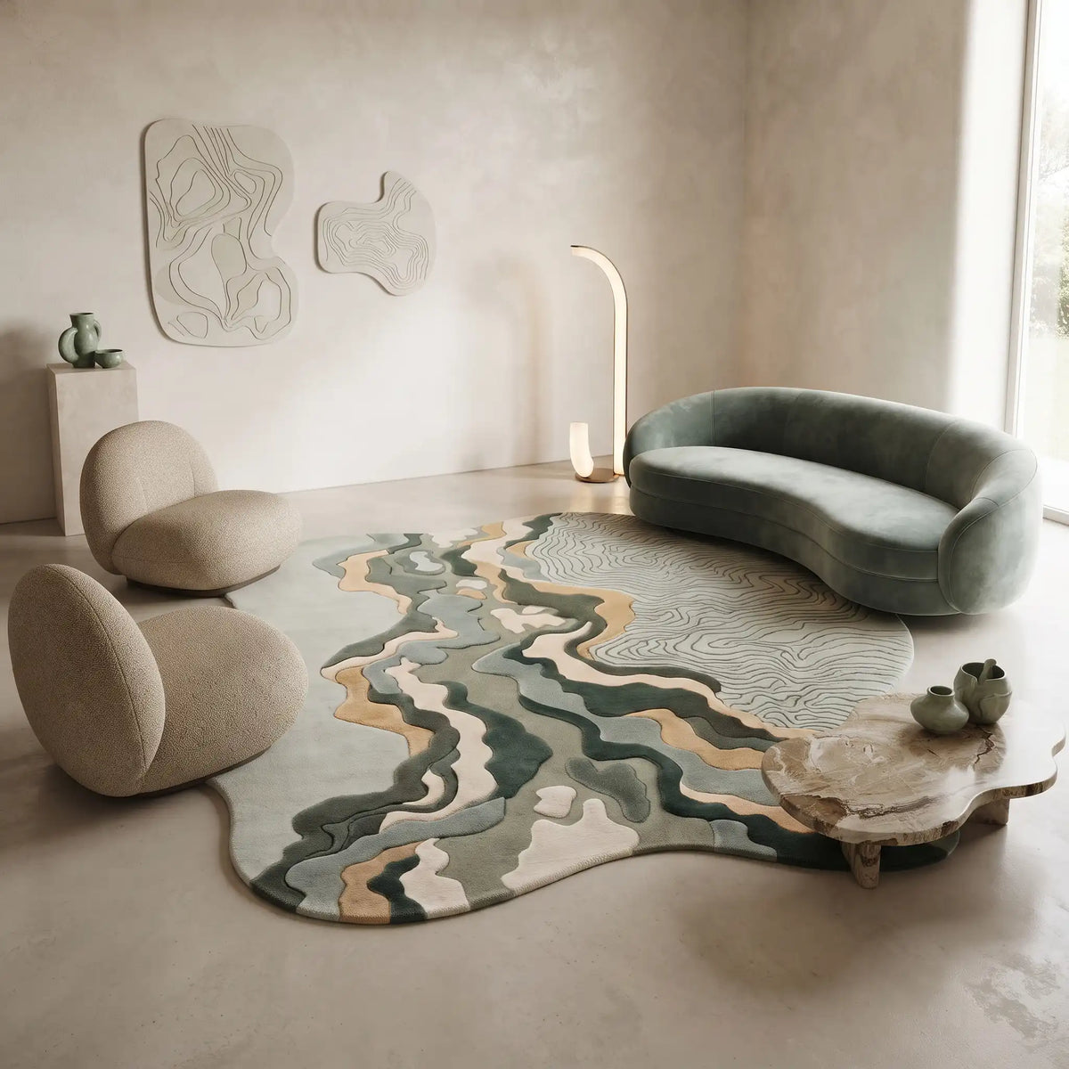 Riverbed hand-tufted rug in Sage Ochre – styled in a living room