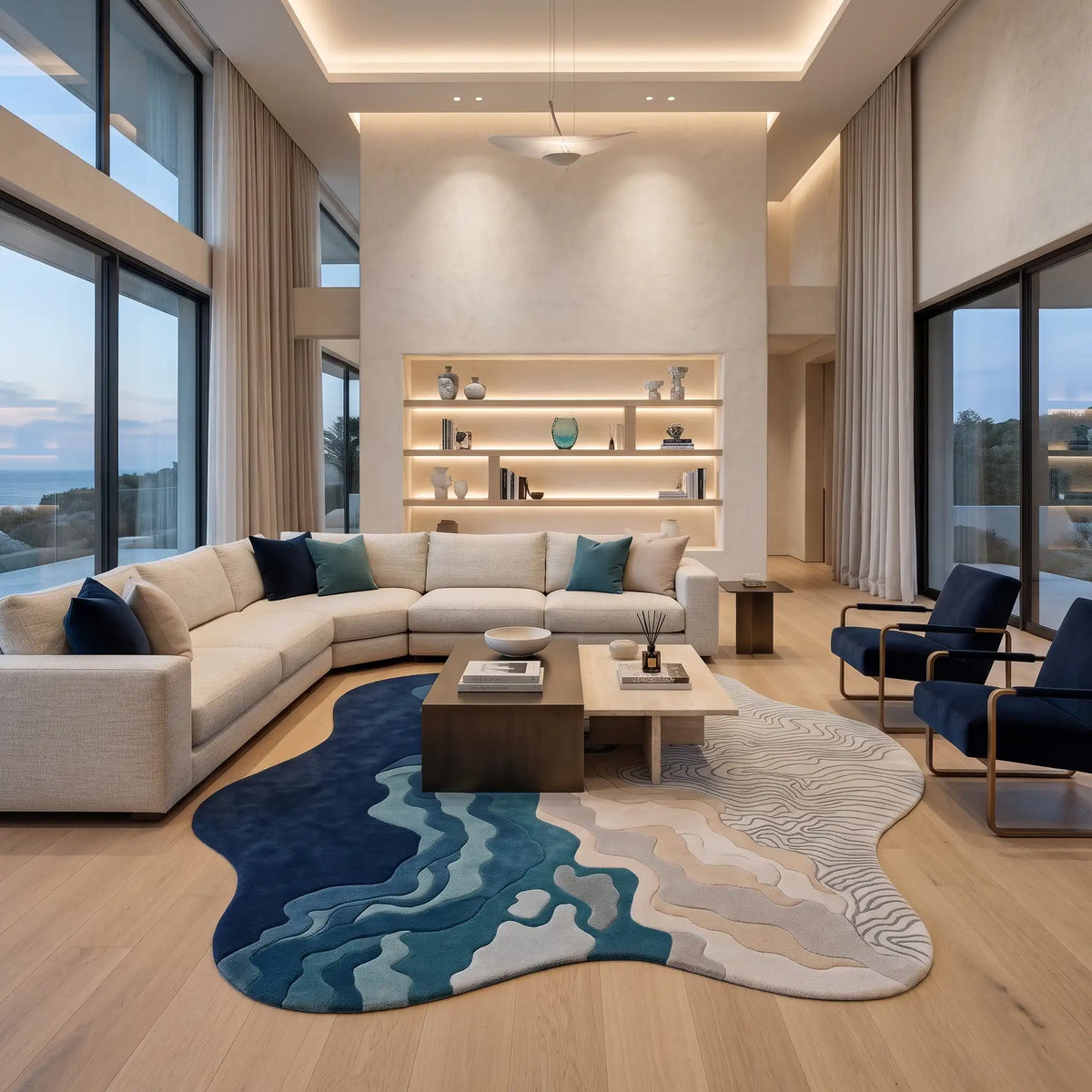 Riverbed hand-tufted rug in Ocean Navy – styled in a living room