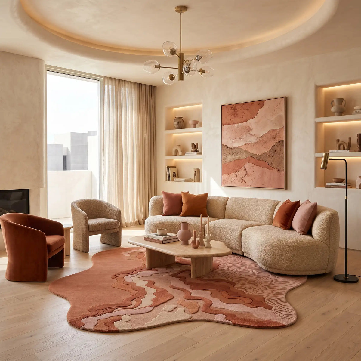 Riverbed hand-tufted rug in Terracotta Rose – styled in a living room
