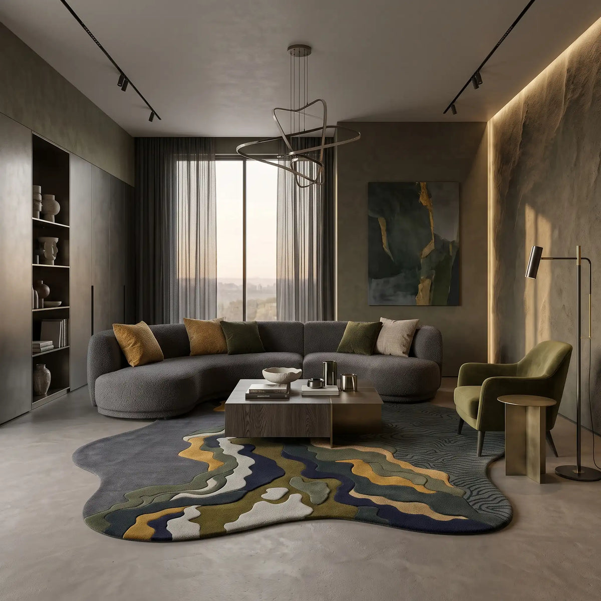 Riverbed hand-tufted rug in Charcoal Moss – styled in a living room