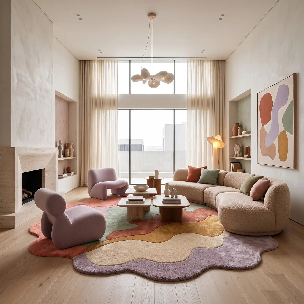 Wave Bloom hand-tufted rug in Coral Sage – styled in a living room