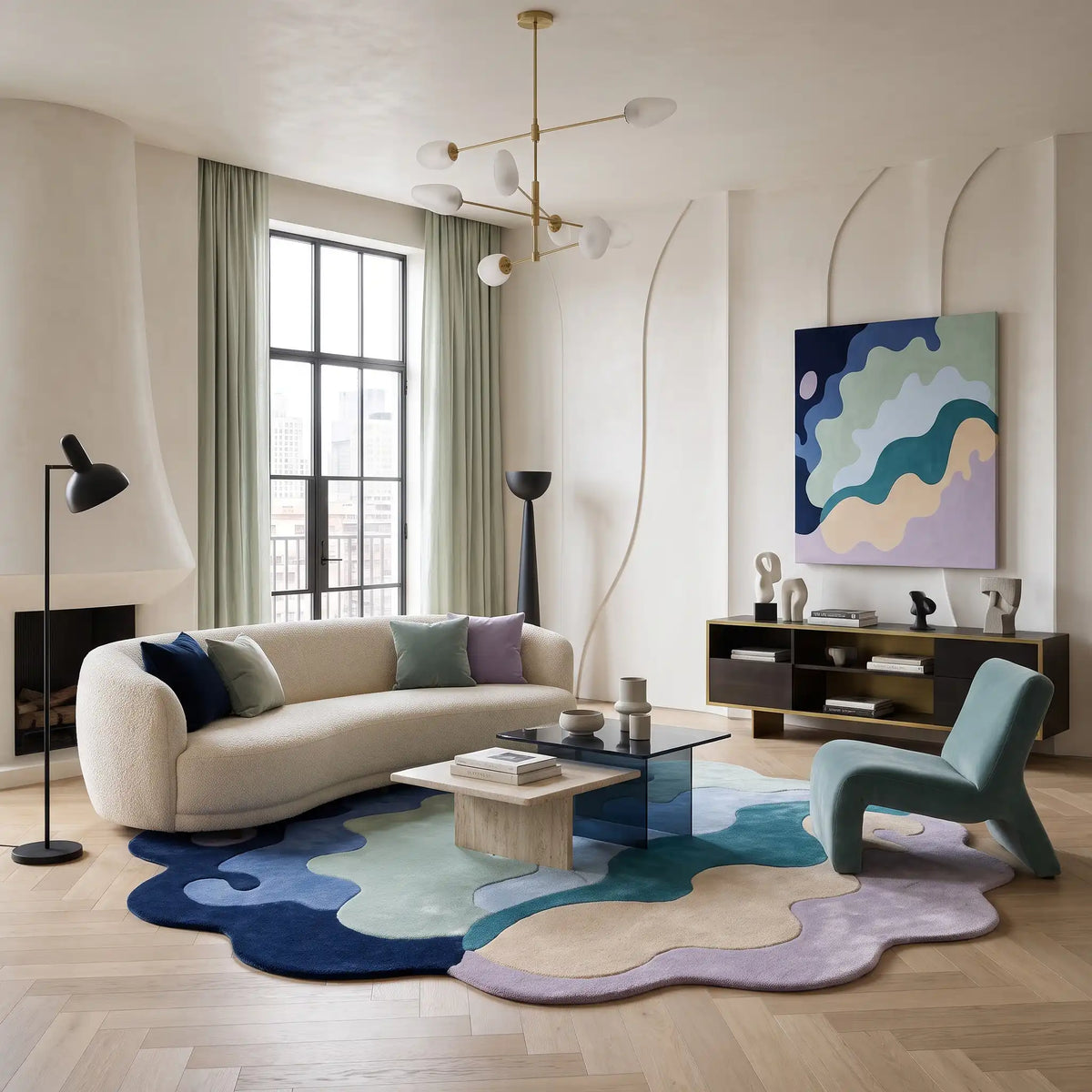 Wave Bloom hand-tufted rug in Ocean Blue – styled in a living room