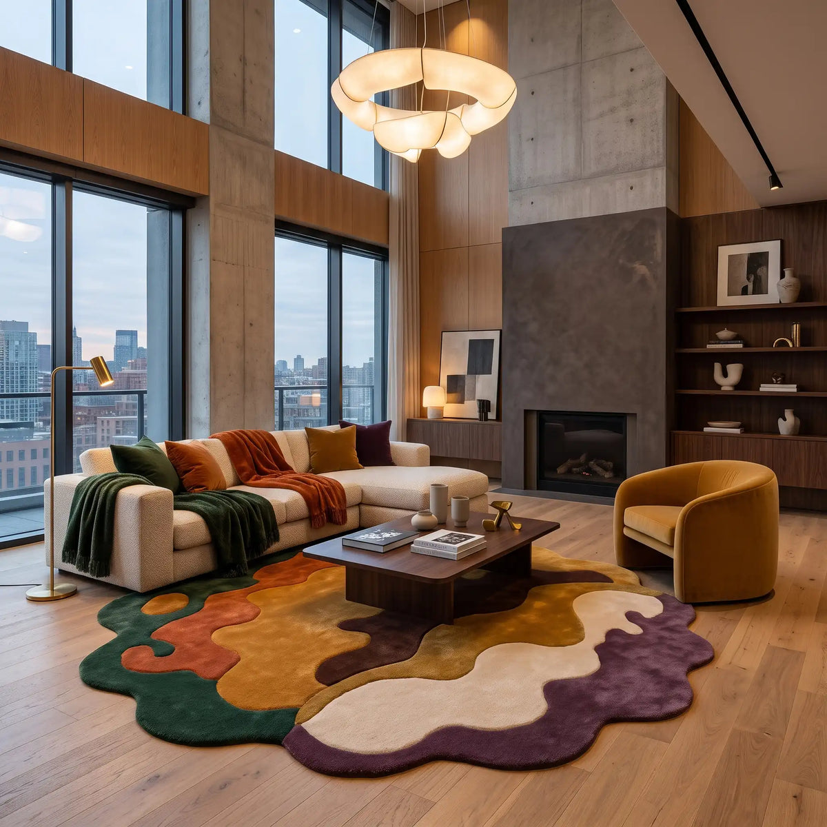 Wave Bloom hand-tufted rug in Autumn Harvest – styled in a living room