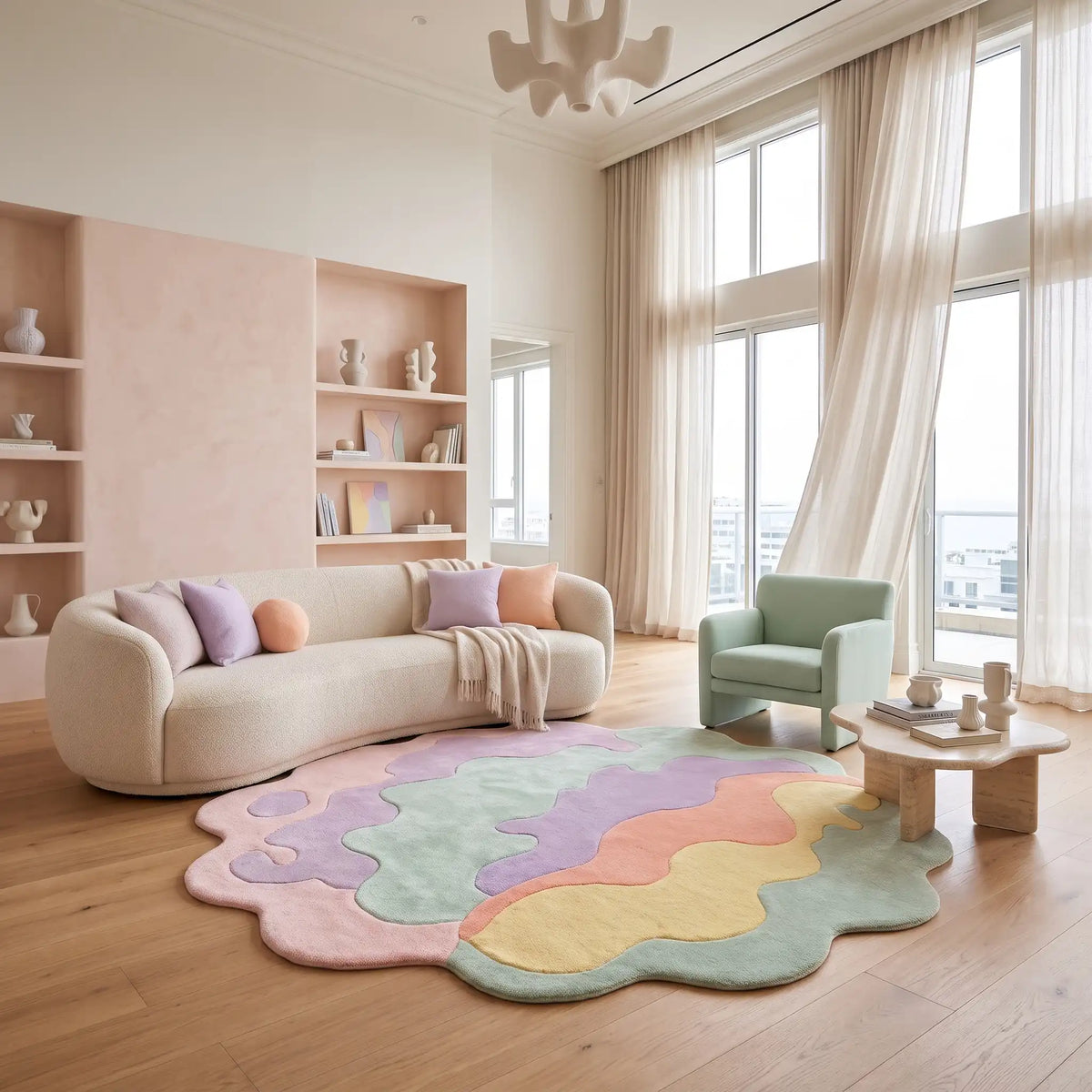 Wave Bloom hand-tufted rug in Pastel Sorbet – styled in a living room