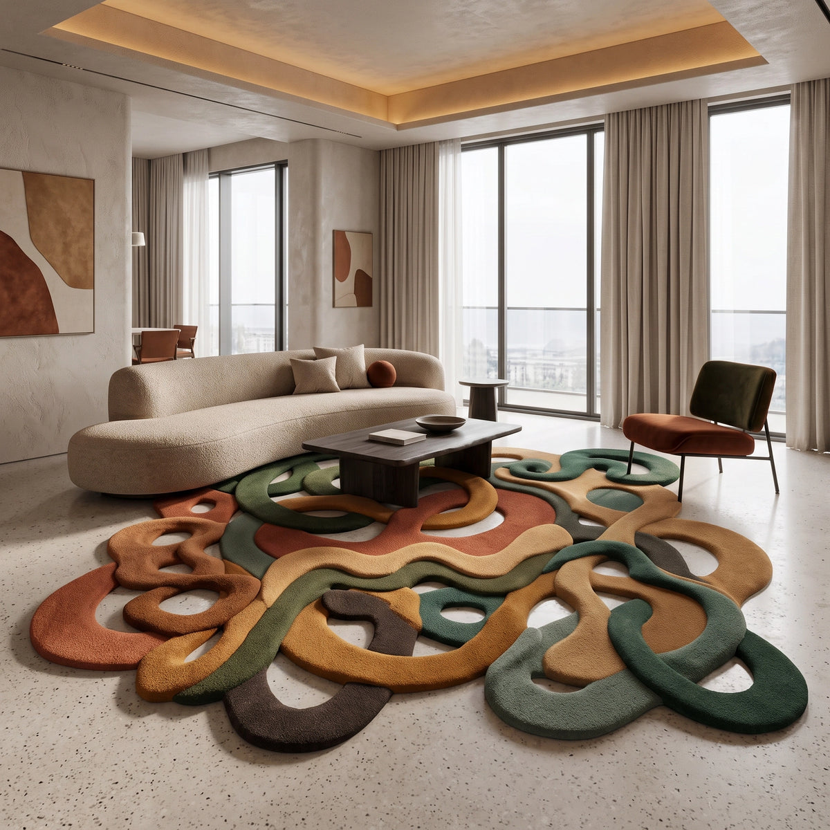 Infinite Loops modern abstract rug in Autumn Forest – styled in a living room