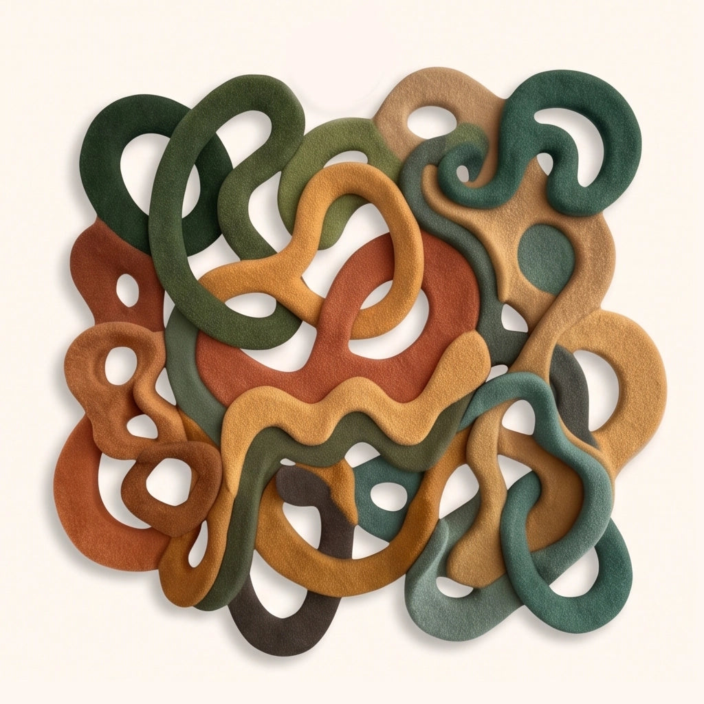 Infinite Loops modern abstract rug in Autumn Forest – flat lay