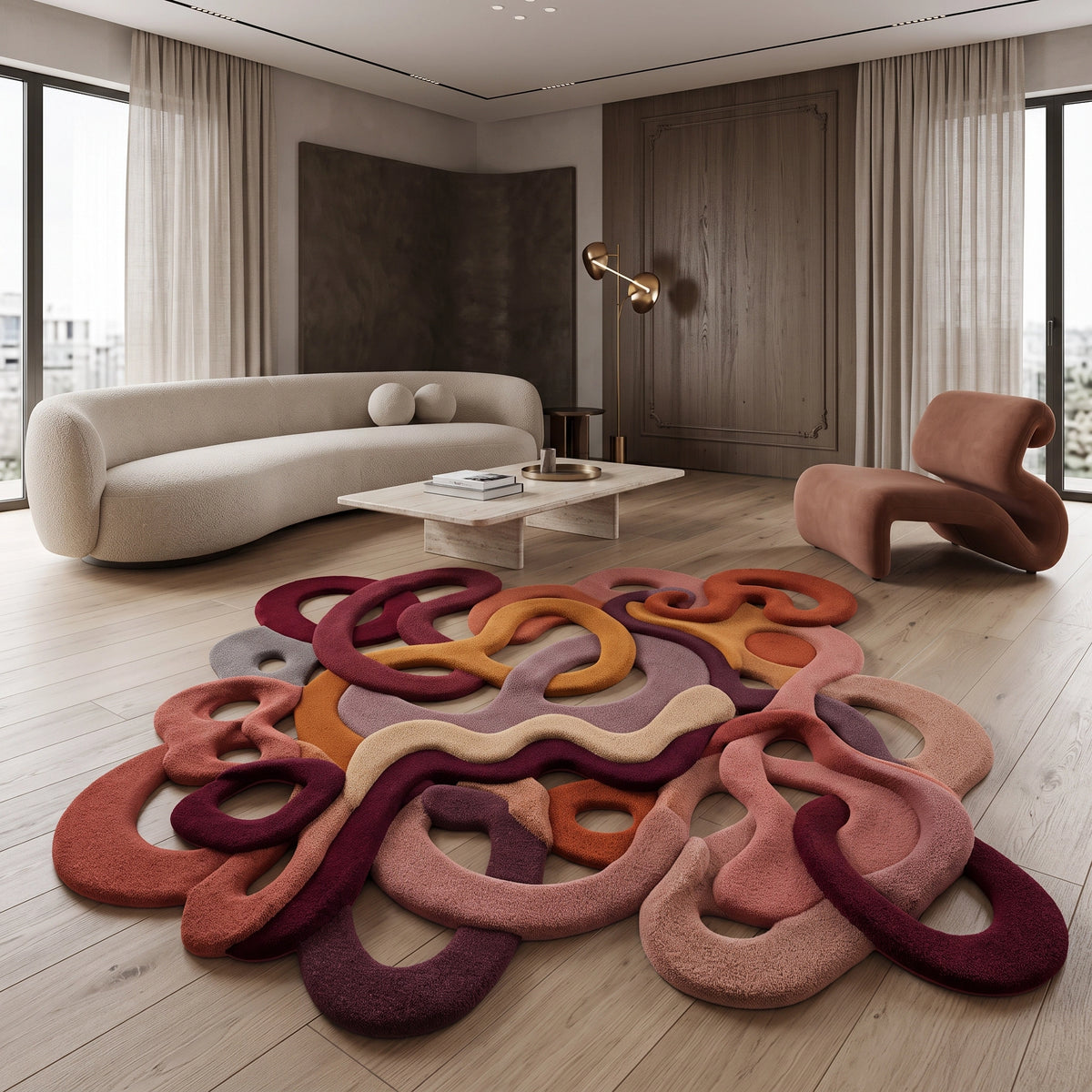Infinite Loops modern abstract rug in Berry Spice – styled in a living room