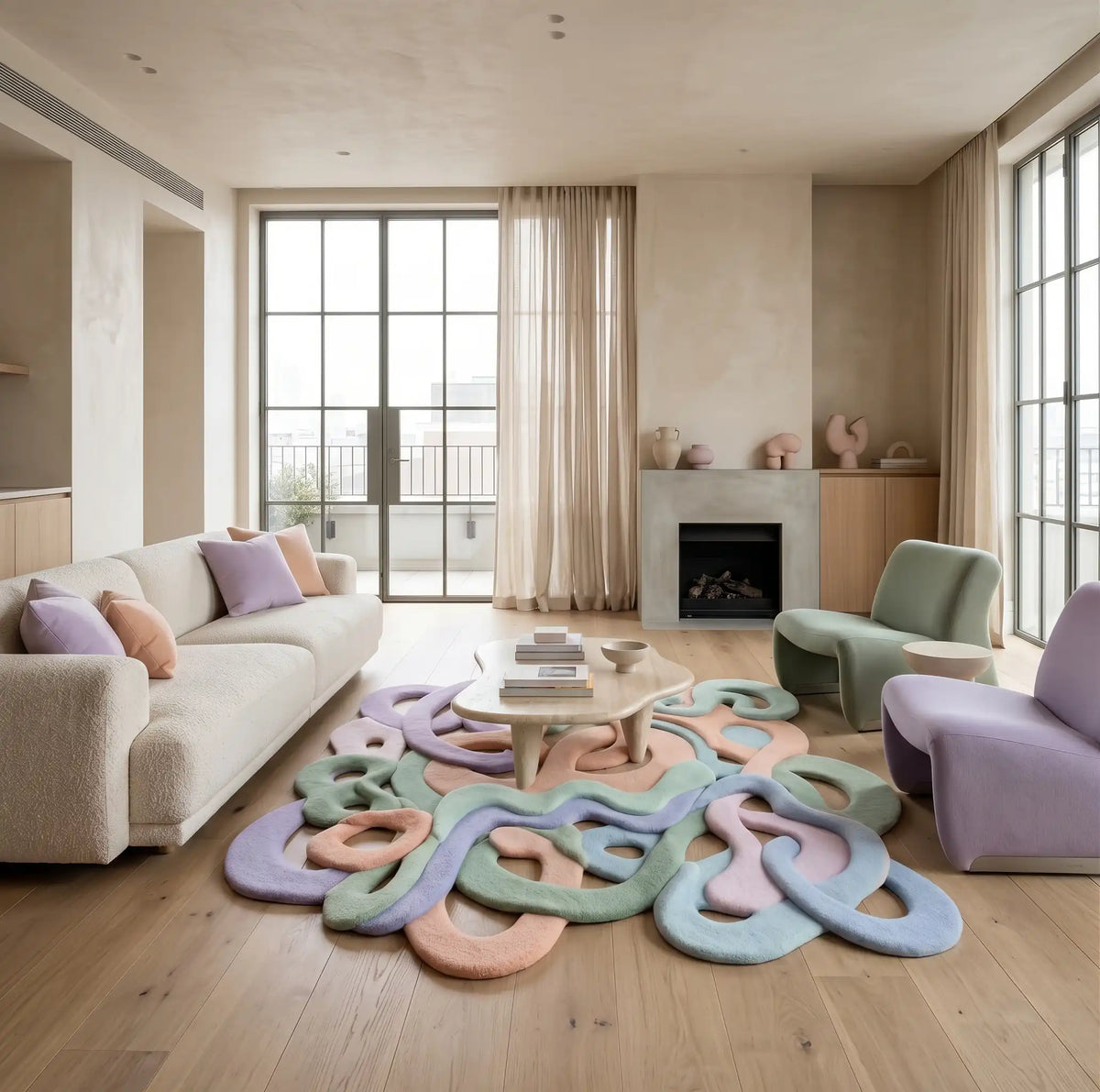 Infinite Loops modern abstract rug in Pastel Lilac – styled in a living room