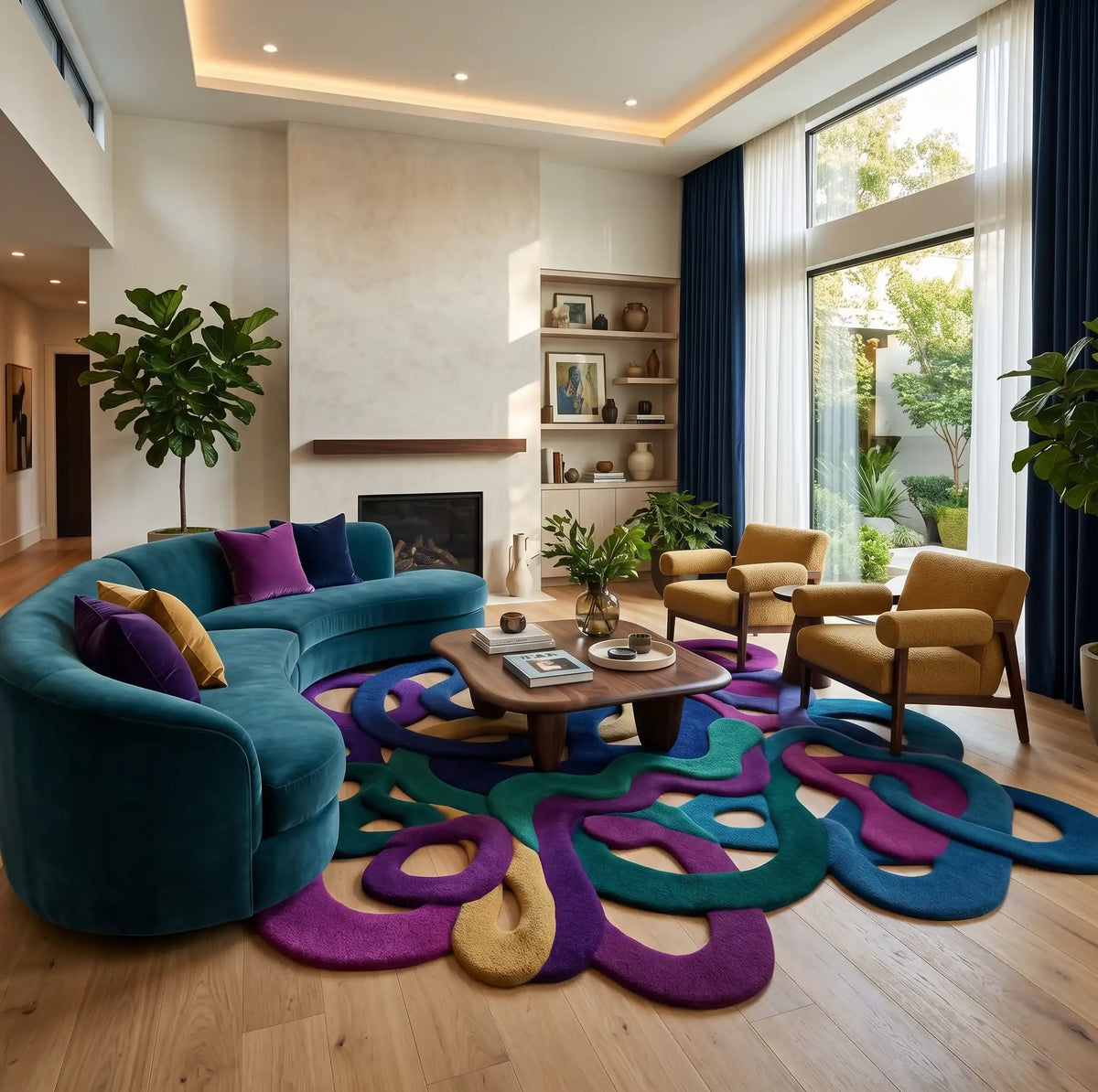 Infinite Loops modern abstract rug in Jewel Tones – styled in a living room