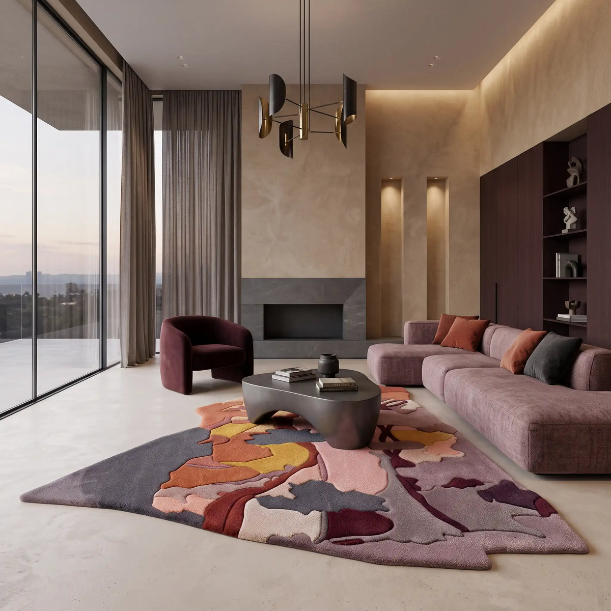 Forest Mosaic hand-tufted rug in Sunset Mauve – styled in a living room
