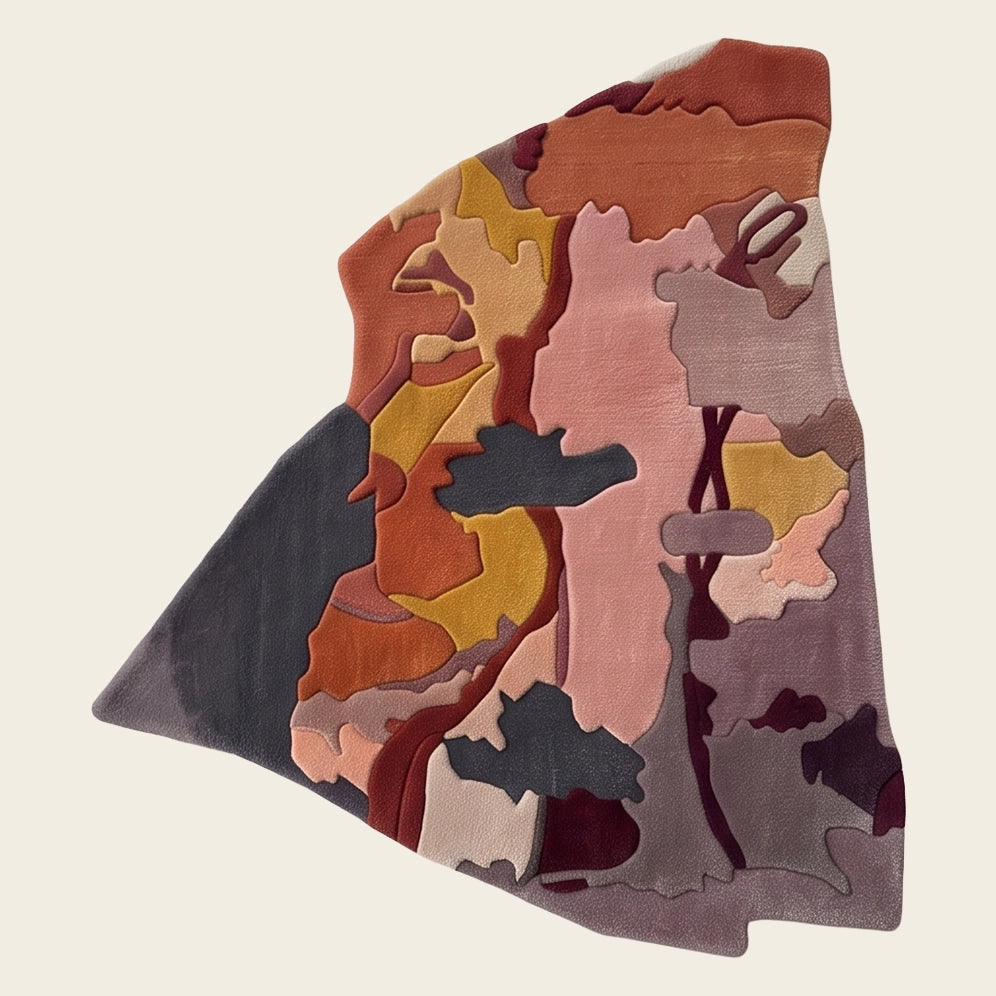 Forest Mosaic hand-tufted rug in Sunset Mauve – flat lay