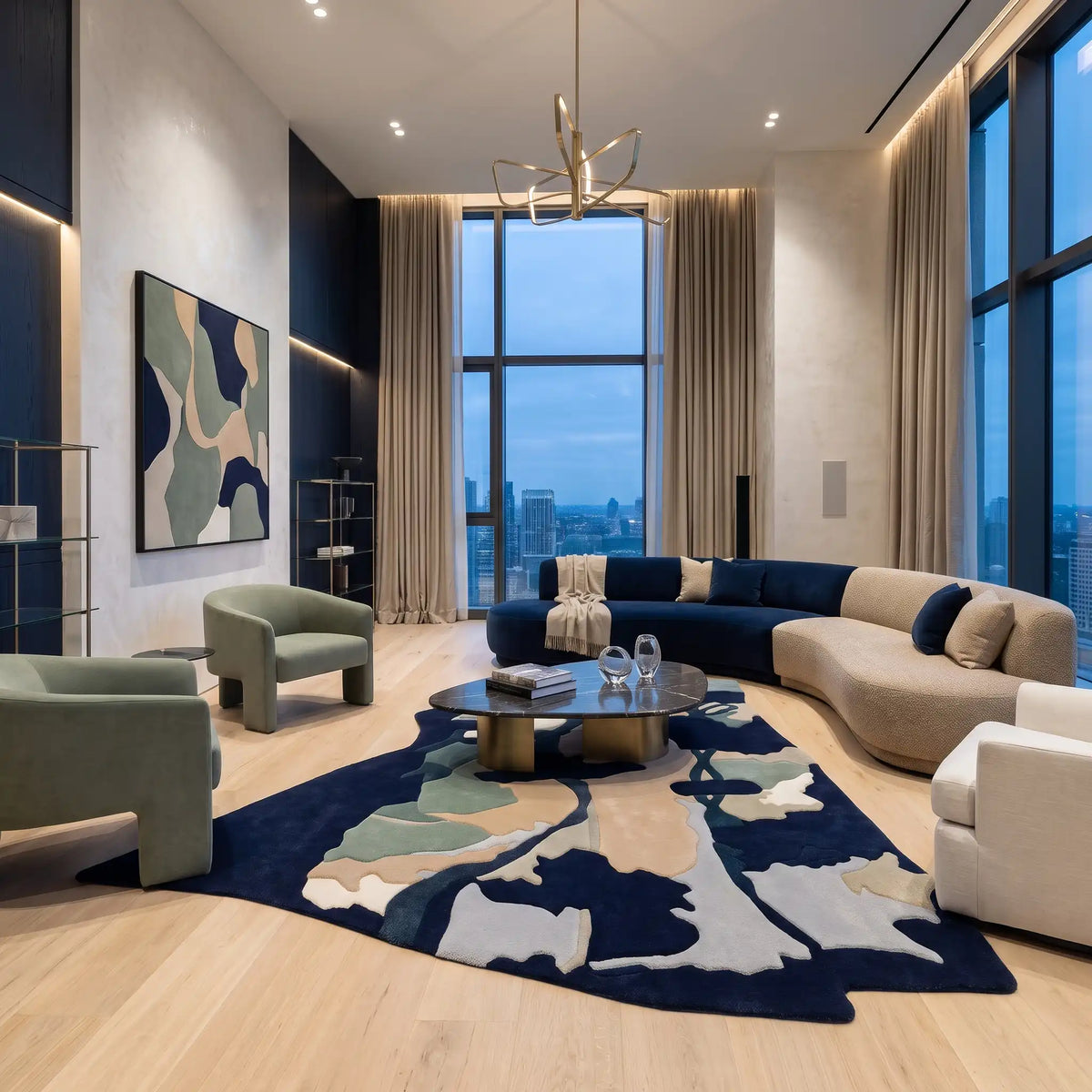 Forest Mosaic hand-tufted rug in Navy Sage – styled in a living room