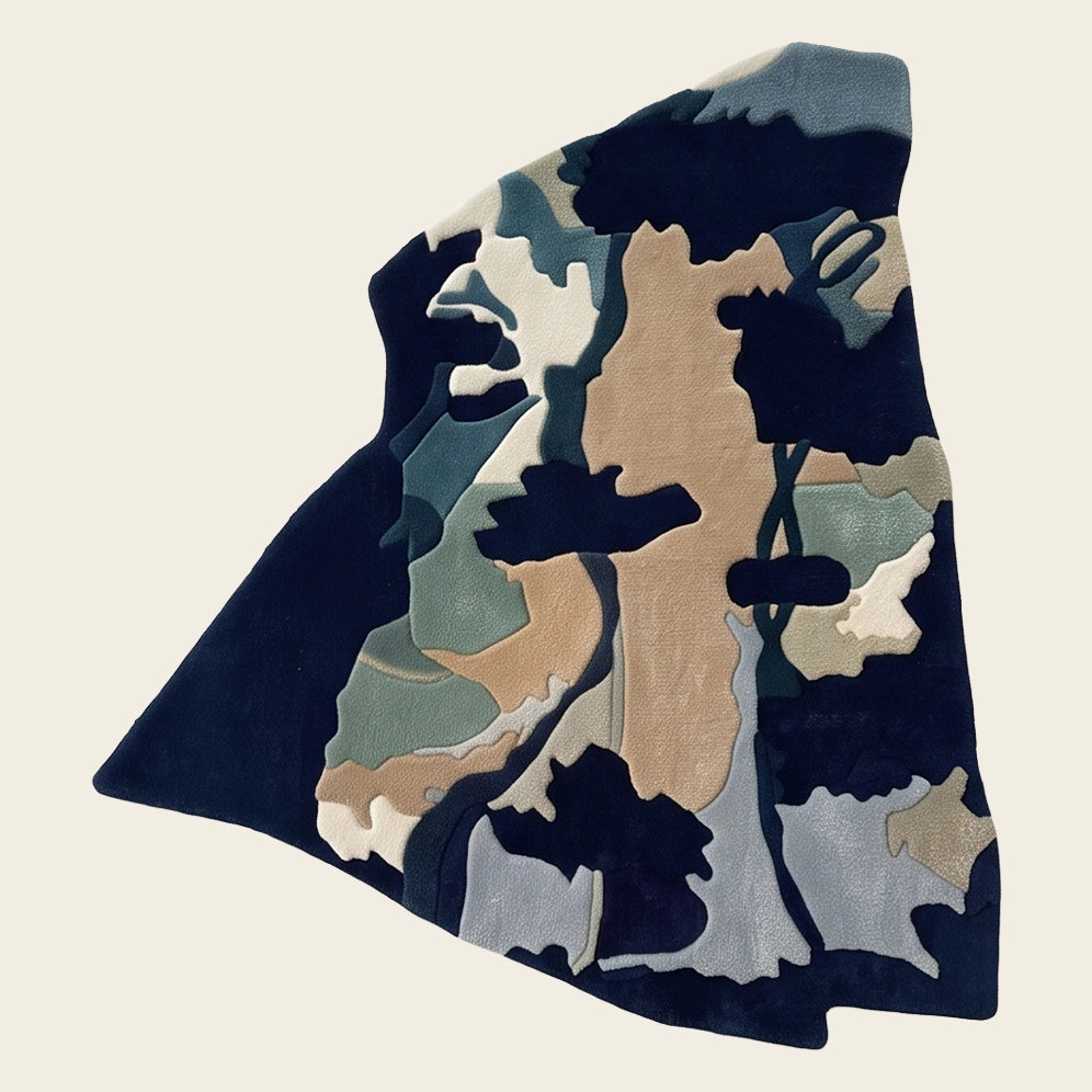 Forest Mosaic hand-tufted rug in Navy Sage – flat lay