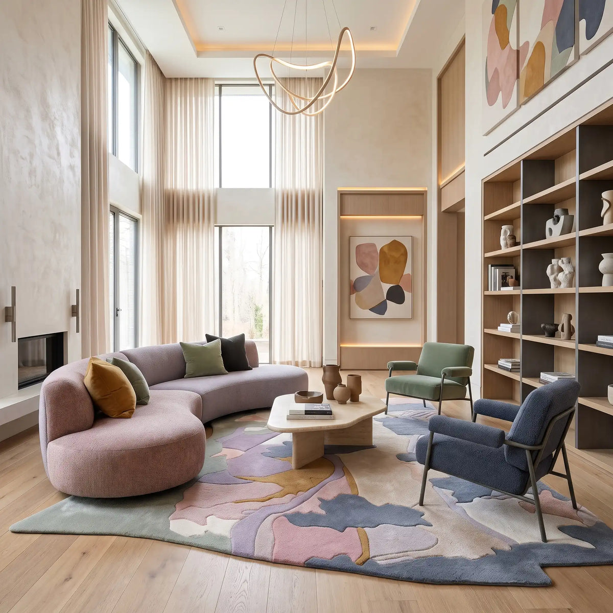 Forest Mosaic hand-tufted rug in Pastel Lilac – styled in a living room
