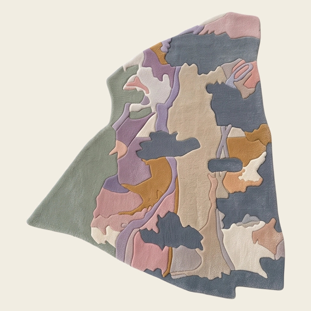 Forest Mosaic hand-tufted rug in Pastel Lilac – flat lay