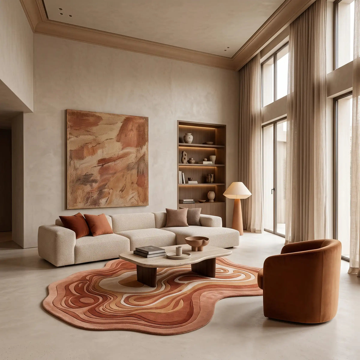 Agate Flow hand-tufted rug in Terracotta Sand – styled in a living room