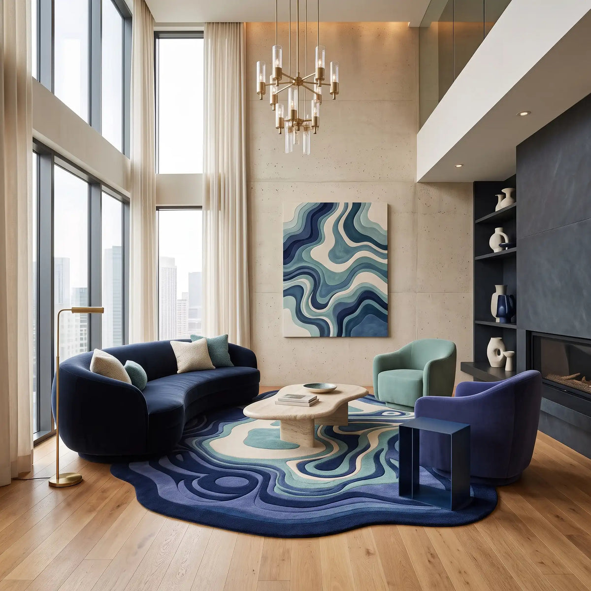 Agate Flow hand-tufted rug in Navy Aqua – styled in a living room