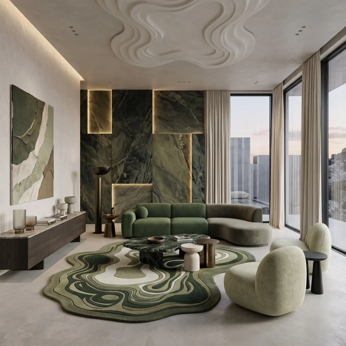Agate Flow hand-tufted rug in Forest Sage – styled in a living room