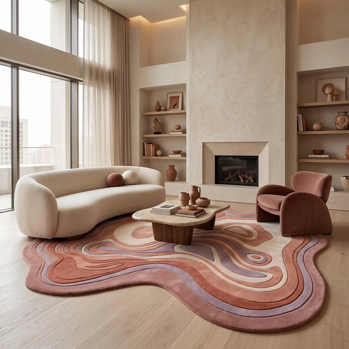 Agate Flow hand-tufted rug in Rose Lilac – styled in a living room