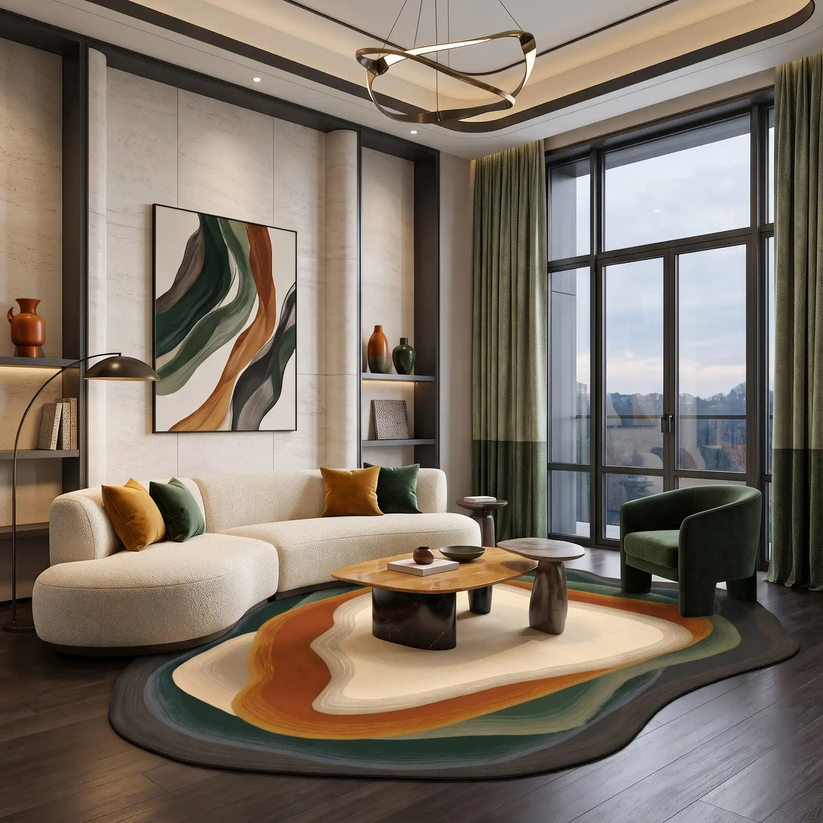 Stone Pool hand-tufted rug in Forest Ember – styled in a living room