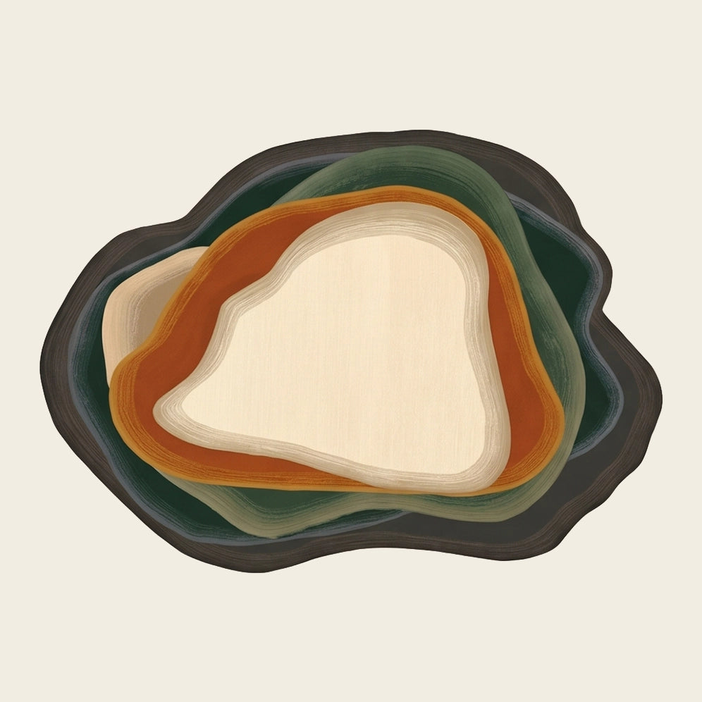 Stone Pool hand-tufted rug in Forest Ember – flat lay