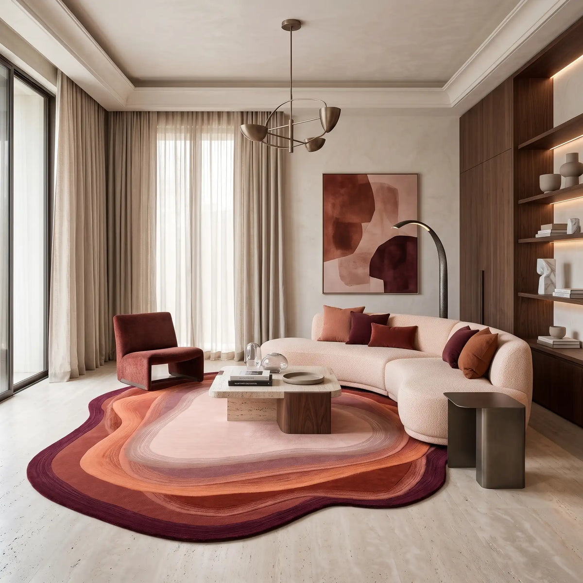 Stone Pool hand-tufted rug in Wine Peach – styled in a living room