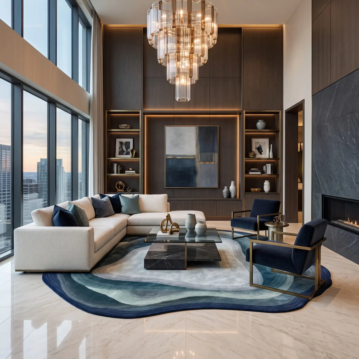 Stone Pool hand-tufted rug in Navy Mist – styled in a living room