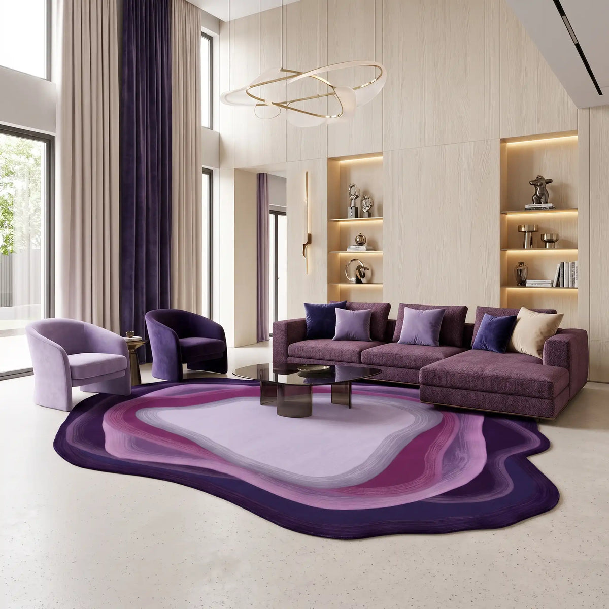 Stone Pool hand-tufted rug in Plum Orchid – styled in a living room