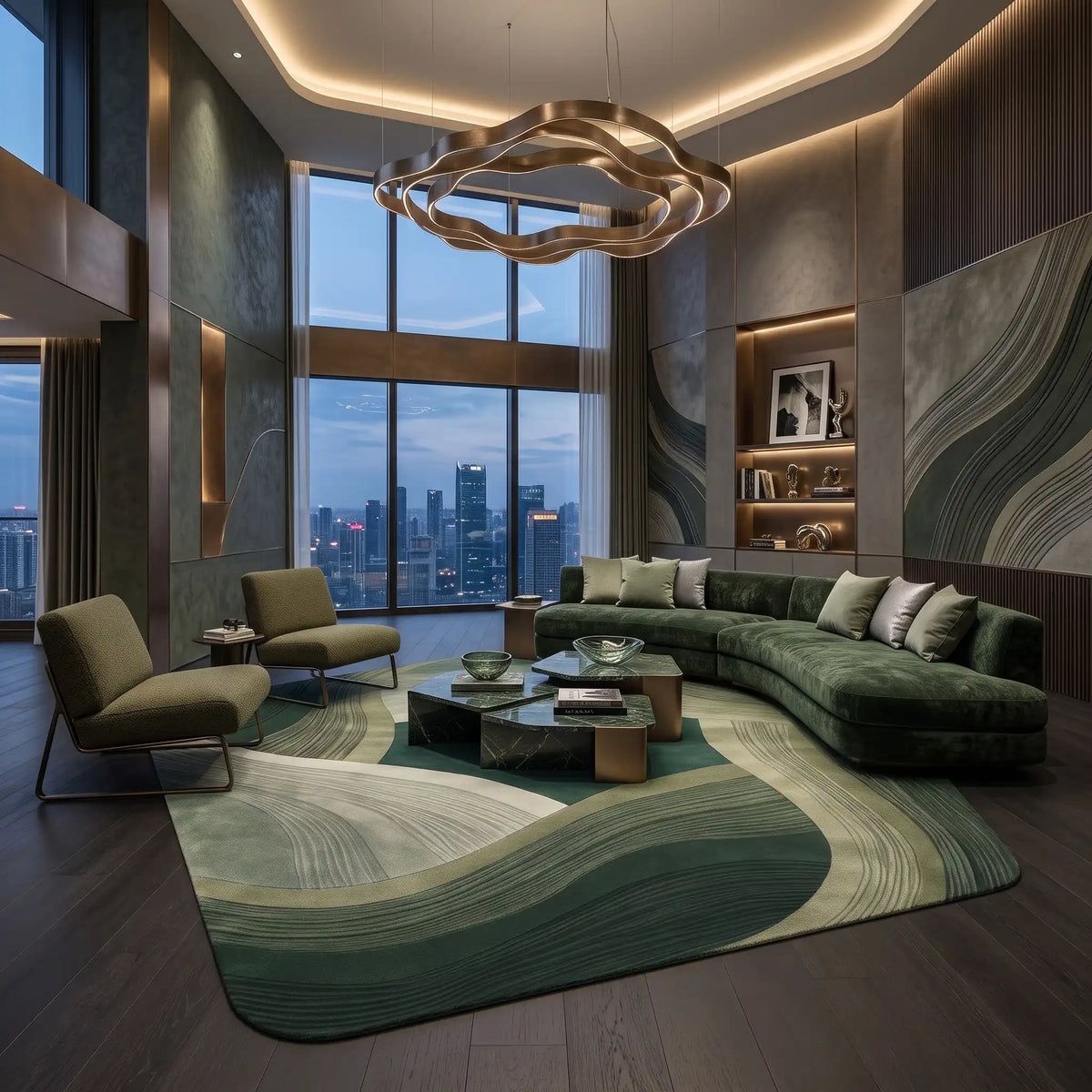 Ember Facets hand-tufted rug in Emerald Tide – styled in a room