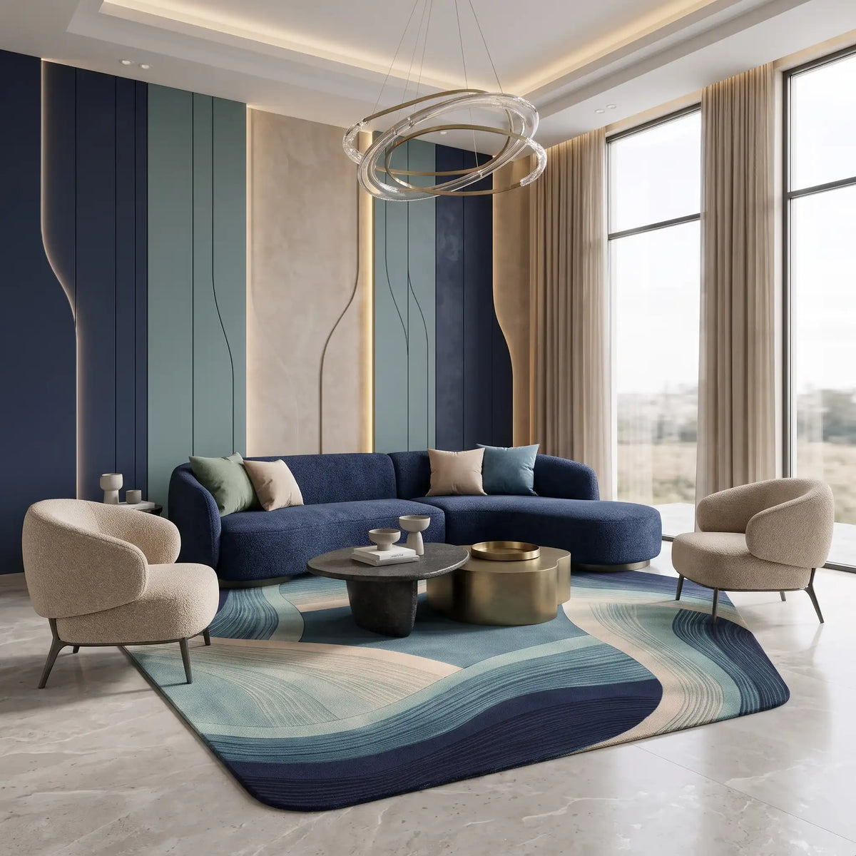 Ember Facets hand-tufted rug in Ocean Mist – styled in a room