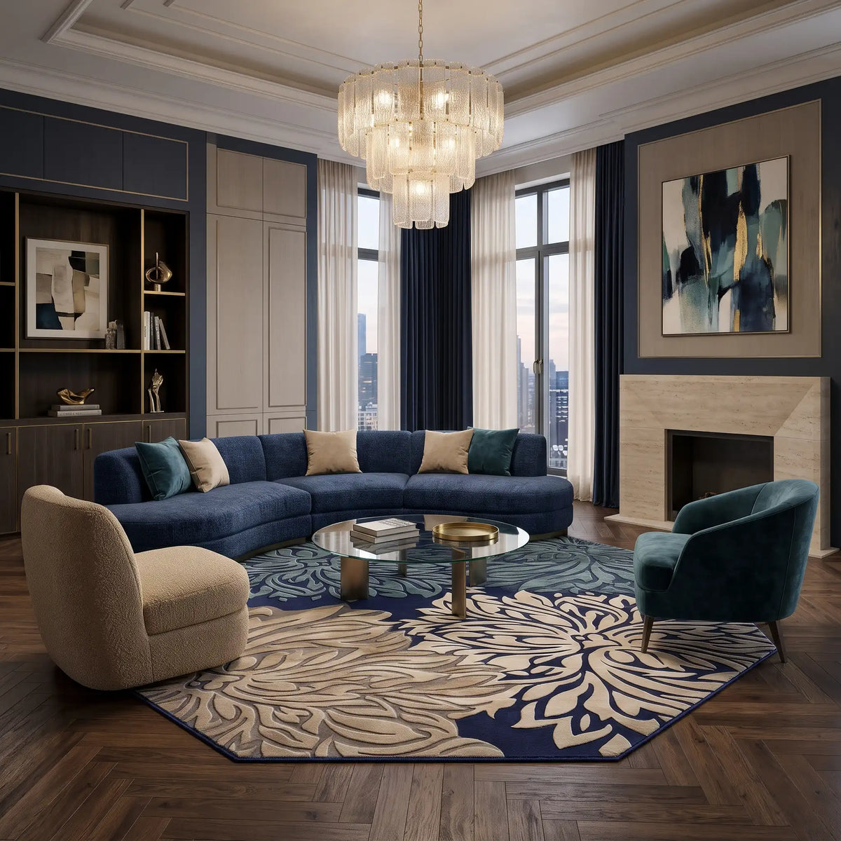 Botanica hand-tufted rug in Denim Leaf – styled in a room
