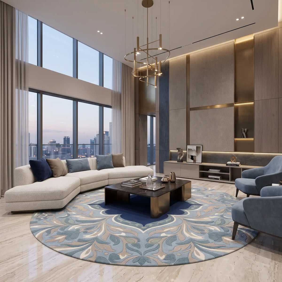 Mashrabiya Bloom hand-tufted rug in Sky Navy – styled in a room